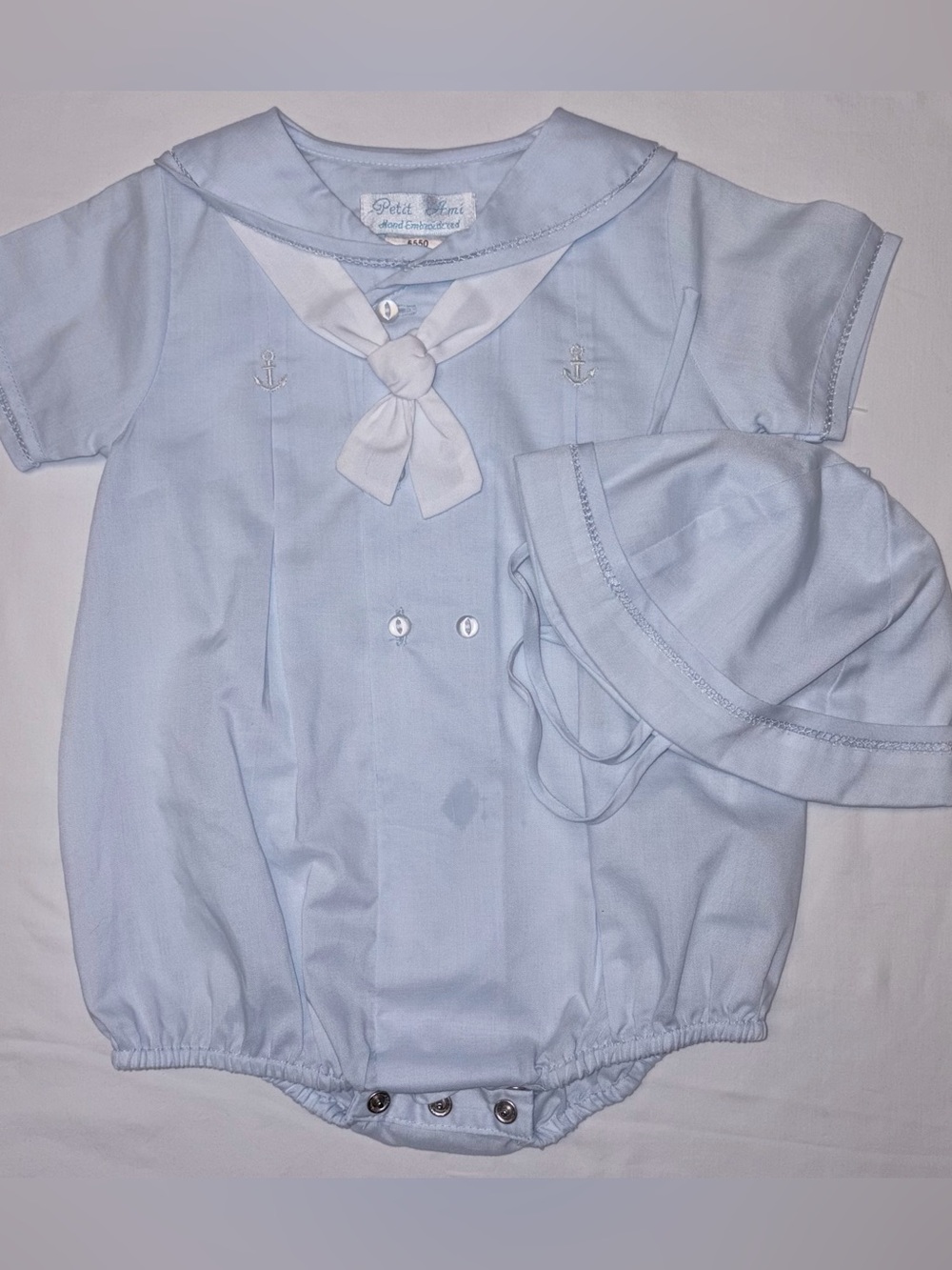 Petit Ami Hand Embroidered Sailor Bubble/Romper + Matching Hat – Size 3 Months
